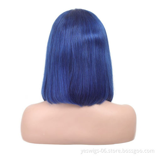 Wholesale Blue Short Bob Wig Brazilian Human Hair Colored Lace Front Wigs for Black Women